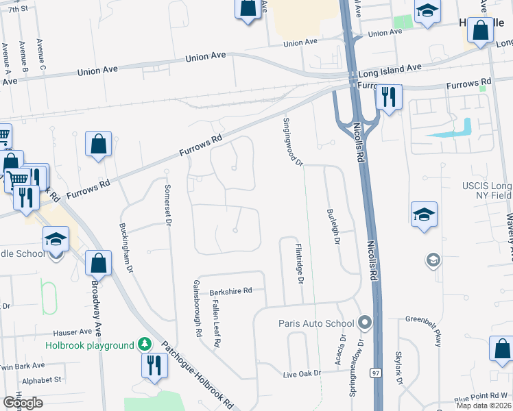 map of restaurants, bars, coffee shops, grocery stores, and more near 142 Colony Drive in Holbrook