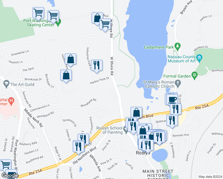 map of restaurants, bars, coffee shops, grocery stores, and more near 10 John Bean Court in Port Washington