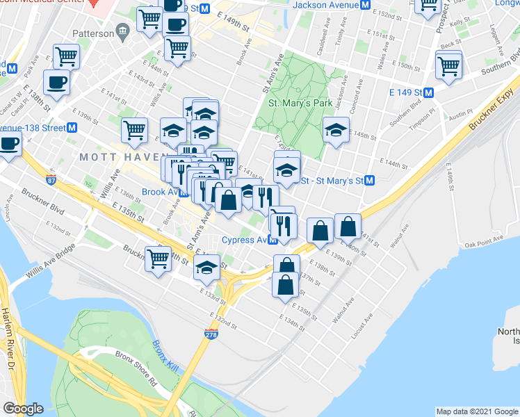 map of restaurants, bars, coffee shops, grocery stores, and more near 264 Cypress Avenue in The Bronx