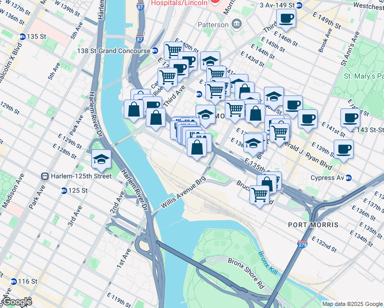 map of restaurants, bars, coffee shops, grocery stores, and more near 80 Bruckner Boulevard in Bronx