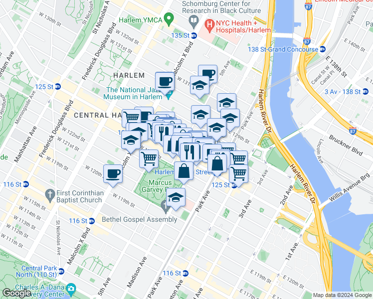 map of restaurants, bars, coffee shops, grocery stores, and more near in New York