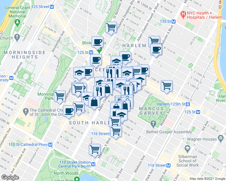 map of restaurants, bars, coffee shops, grocery stores, and more near in New York