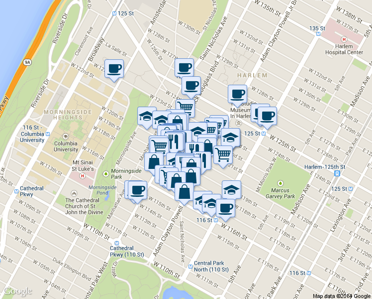 map of restaurants, bars, coffee shops, grocery stores, and more near 1980 Adam Clayton Powell Junior Boulevard in New York