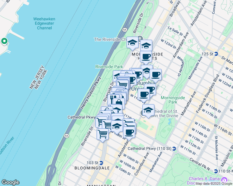 map of restaurants, bars, coffee shops, grocery stores, and more near 605 West 112th Street in New York