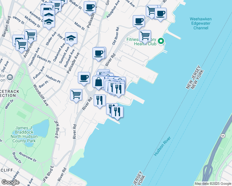 map of restaurants, bars, coffee shops, grocery stores, and more near 90 The Promenade in Edgewater