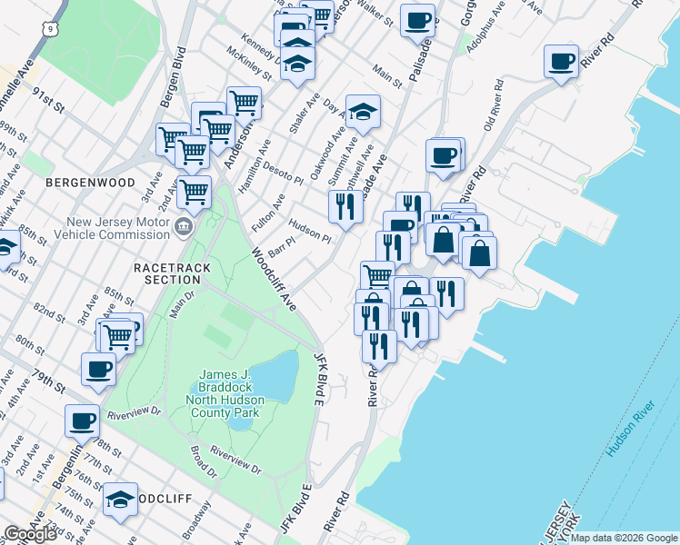 map of restaurants, bars, coffee shops, grocery stores, and more near 9049 Clement Place in North Bergen