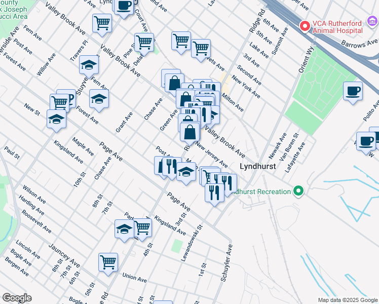 map of restaurants, bars, coffee shops, grocery stores, and more near 617 Marin Avenue in Lyndhurst