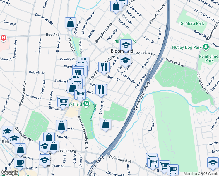 map of restaurants, bars, coffee shops, grocery stores, and more near 14 Spring Street in Bloomfield