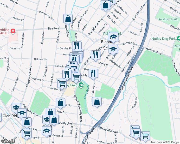 map of restaurants, bars, coffee shops, grocery stores, and more near 62 James Street in Bloomfield