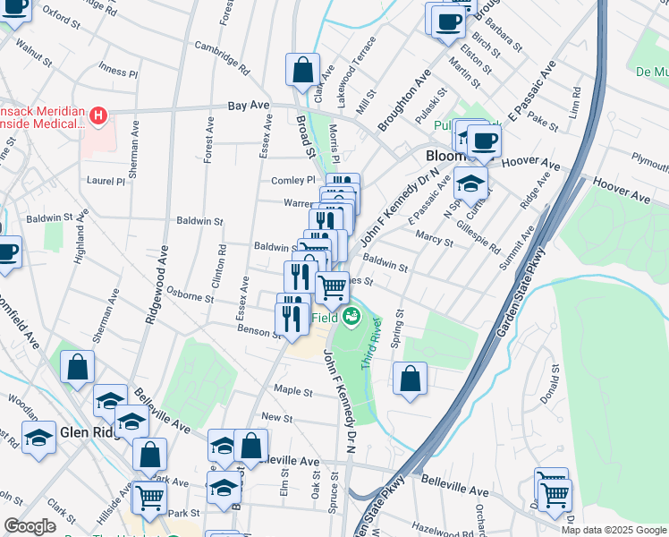 map of restaurants, bars, coffee shops, grocery stores, and more near 369 Broad Street in Bloomfield