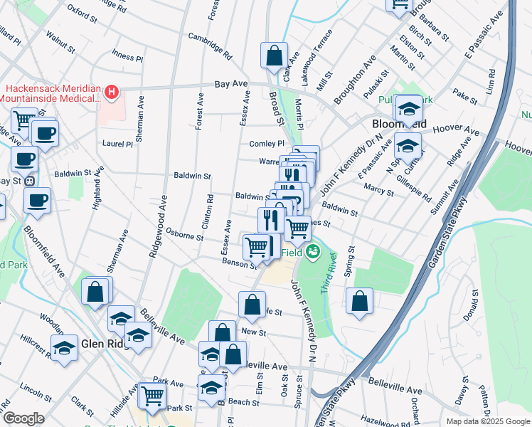 map of restaurants, bars, coffee shops, grocery stores, and more near 27 Waverly Terrace in Bloomfield