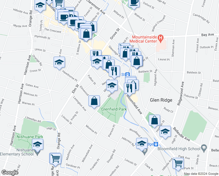 map of restaurants, bars, coffee shops, grocery stores, and more near 28 Maple Avenue in Montclair