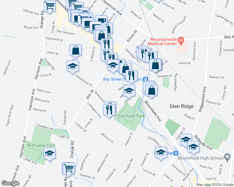 map of restaurants, bars, coffee shops, grocery stores, and more near 69 Mission Street in Montclair