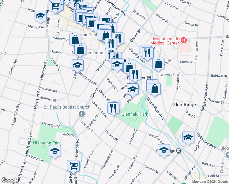 map of restaurants, bars, coffee shops, grocery stores, and more near 35 Elmwood Avenue in Montclair