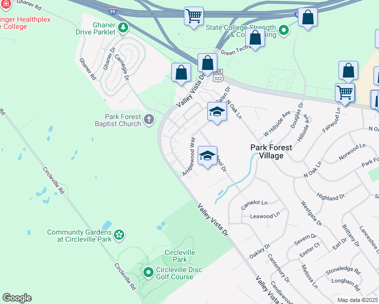 map of restaurants, bars, coffee shops, grocery stores, and more near 201-399 Amblewood Way in State College