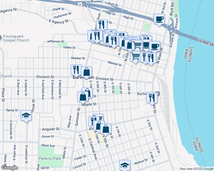 map of restaurants, bars, coffee shops, grocery stores, and more near 247 South 8th Street in Burlington