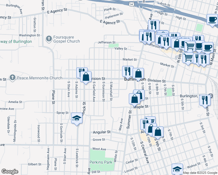 map of restaurants, bars, coffee shops, grocery stores, and more near 412 South Marshall Street in Burlington