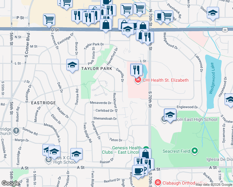 map of restaurants, bars, coffee shops, grocery stores, and more near 811 Rockhurst Drive in Lincoln