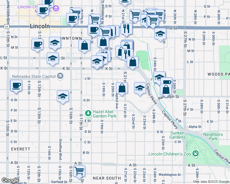 map of restaurants, bars, coffee shops, grocery stores, and more near 2020 G Street in Lincoln