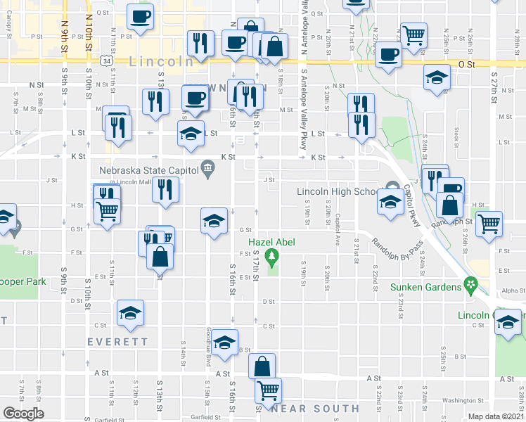 map of restaurants, bars, coffee shops, grocery stores, and more near 1730 G Street in Lincoln