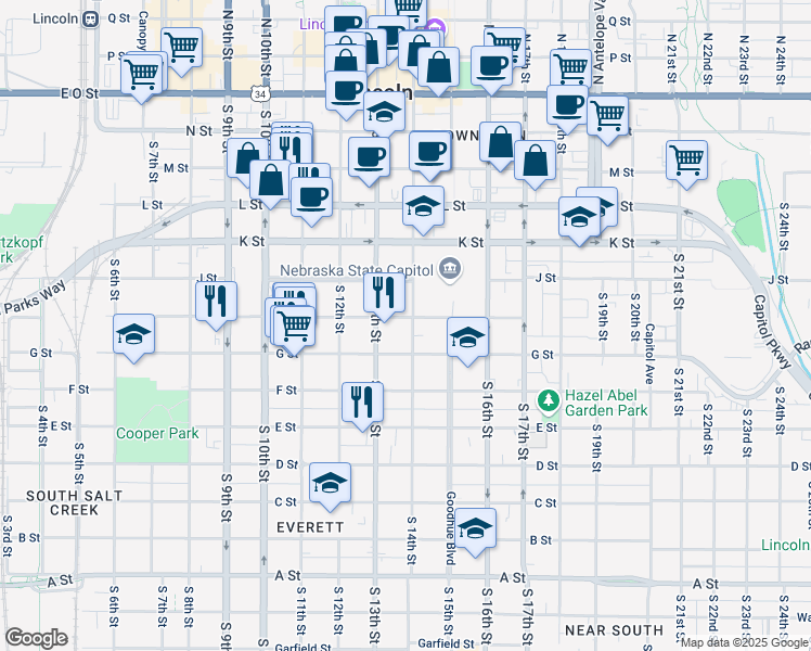 map of restaurants, bars, coffee shops, grocery stores, and more near 1300 G Street in Lincoln