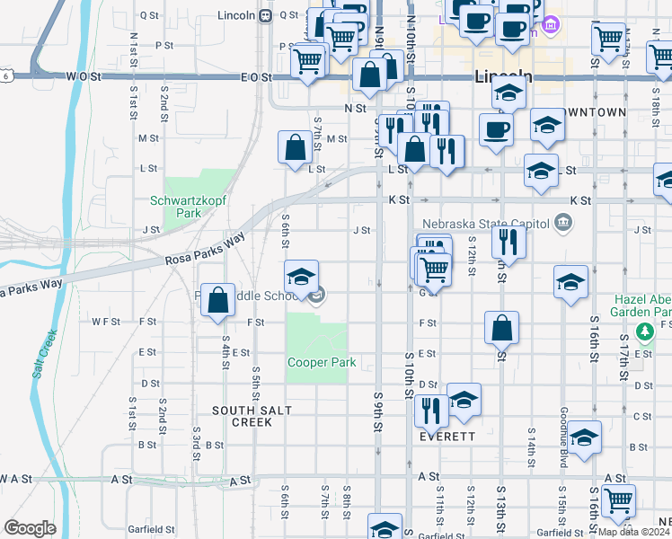 map of restaurants, bars, coffee shops, grocery stores, and more near 710 G Street in Lincoln