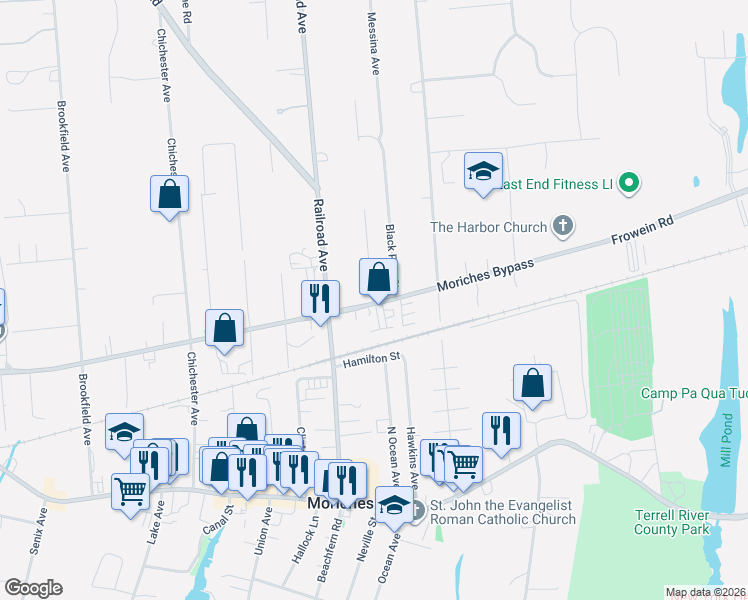 map of restaurants, bars, coffee shops, grocery stores, and more near 2 Robinson Street in Center Moriches