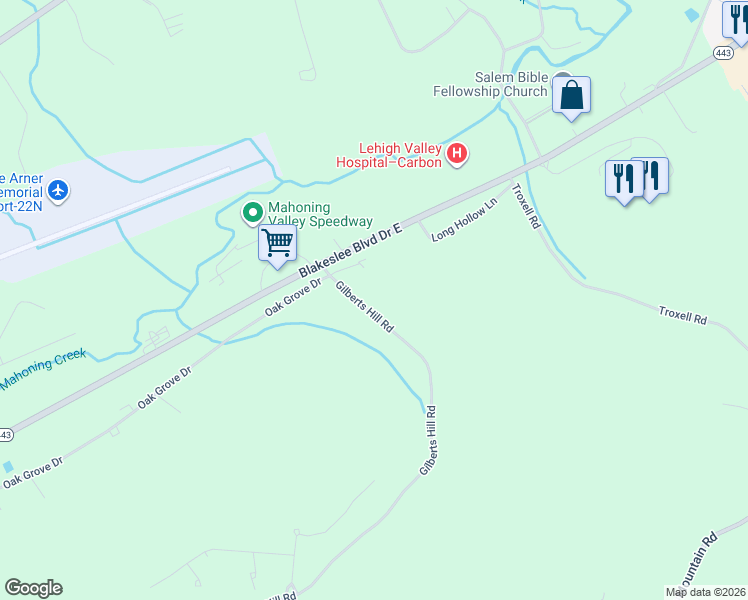 map of restaurants, bars, coffee shops, grocery stores, and more near 191 Gilberts Hill Rd in Lehighton