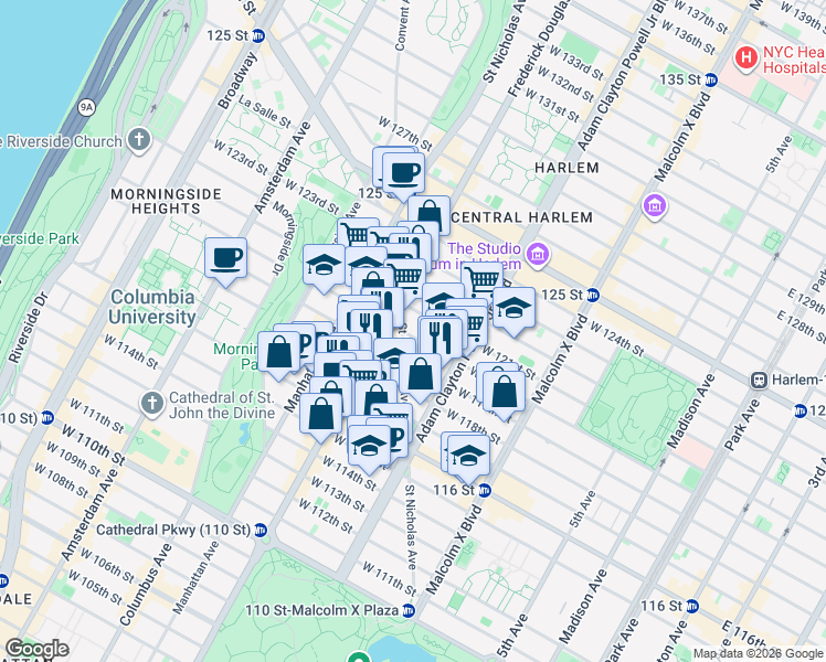 map of restaurants, bars, coffee shops, grocery stores, and more near 183 Saint Nicholas Avenue in New York