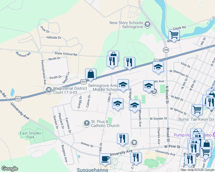 map of restaurants, bars, coffee shops, grocery stores, and more near 154-184 18th Street in Selinsgrove