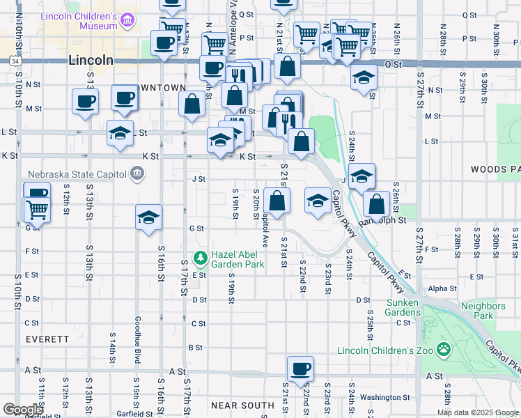 map of restaurants, bars, coffee shops, grocery stores, and more near 2020 G Street in Lincoln