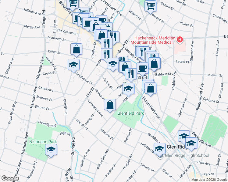 map of restaurants, bars, coffee shops, grocery stores, and more near New Street & Fulton Street in Montclair