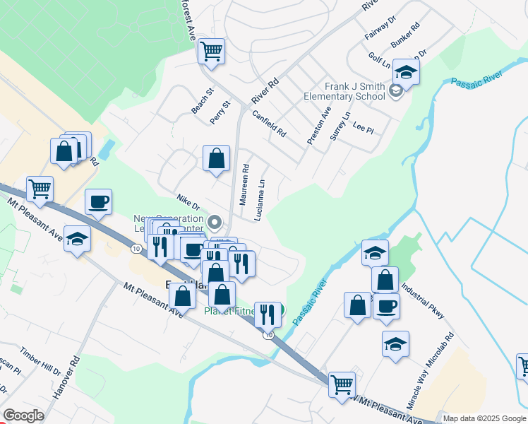map of restaurants, bars, coffee shops, grocery stores, and more near 18 Lucianna Lane in East Hanover