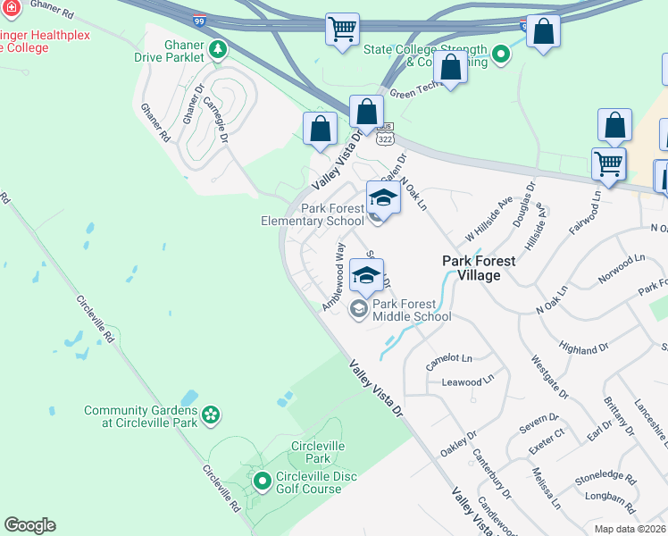 map of restaurants, bars, coffee shops, grocery stores, and more near 201-399 Amblewood Way in State College