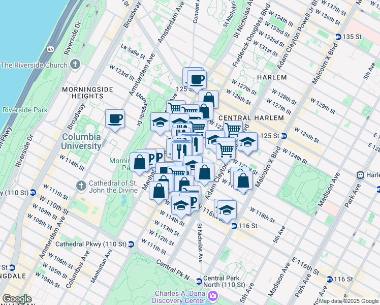 map of restaurants, bars, coffee shops, grocery stores, and more near 2222 Frederick Douglass Boulevard in New York