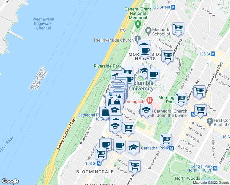 map of restaurants, bars, coffee shops, grocery stores, and more near 605 West 112th Street in New York