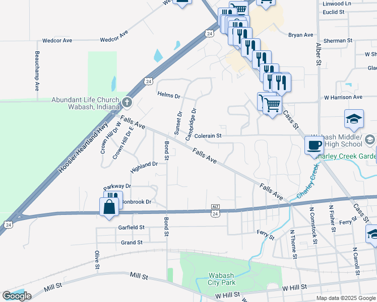map of restaurants, bars, coffee shops, grocery stores, and more near 563 Sommers Avenue in Wabash