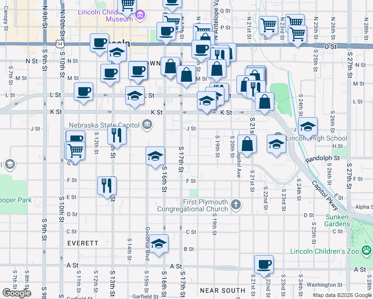 map of restaurants, bars, coffee shops, grocery stores, and more near 1730 G Street in Lincoln