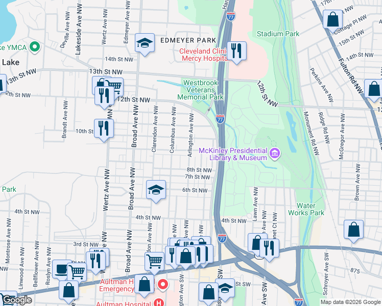 map of restaurants, bars, coffee shops, grocery stores, and more near 2406 10th Street Northwest in Canton