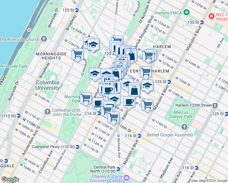map of restaurants, bars, coffee shops, grocery stores, and more near 268 West 120th Street in New York