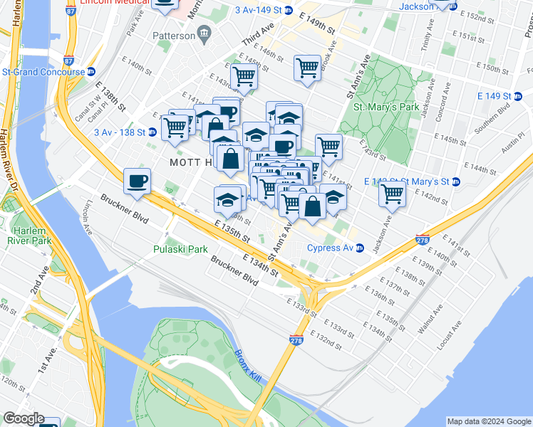 map of restaurants, bars, coffee shops, grocery stores, and more near 519 East 137th Street in Bronx