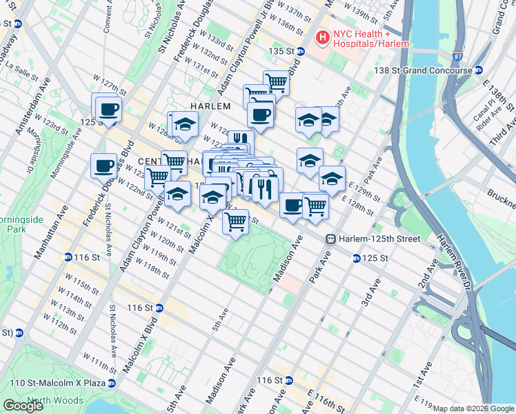 map of restaurants, bars, coffee shops, grocery stores, and more near 55 West 125th Street in New York