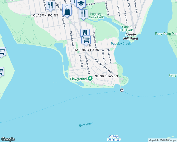 map of restaurants, bars, coffee shops, grocery stores, and more near 90 White Plains Road in Bronx