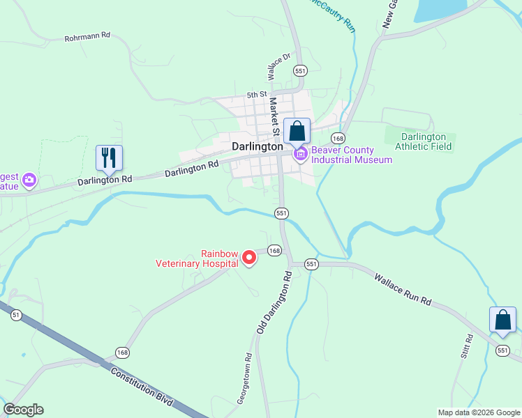 map of restaurants, bars, coffee shops, grocery stores, and more near 105 Morris Street in Darlington