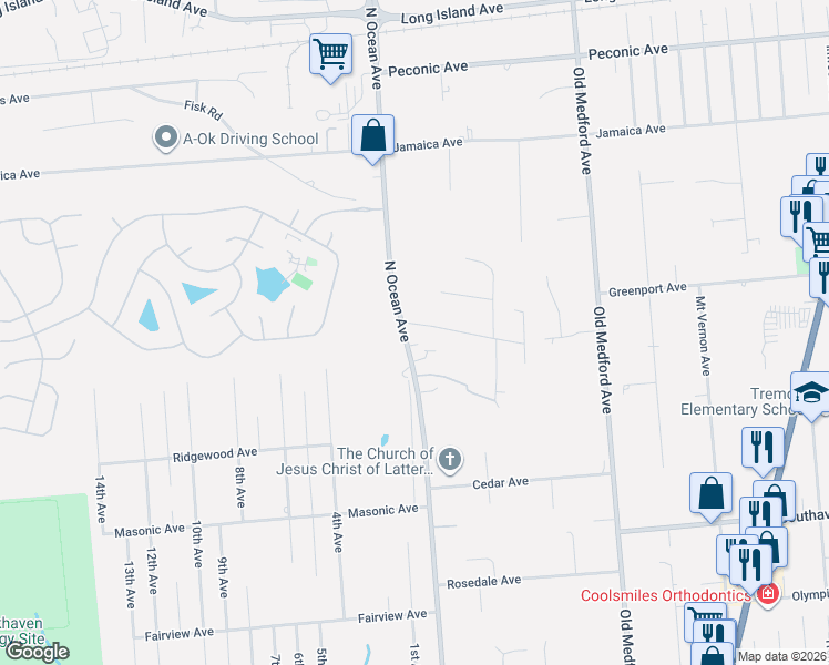map of restaurants, bars, coffee shops, grocery stores, and more near 1429 North Ocean Avenue in Medford