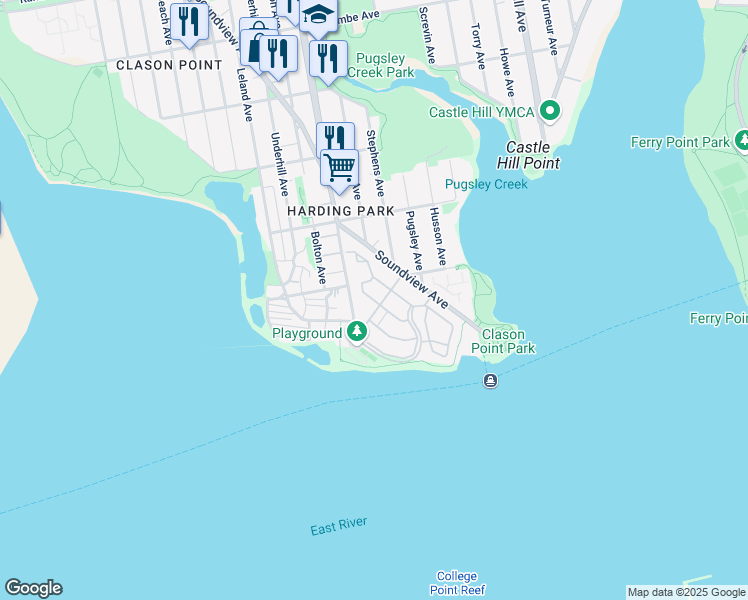 map of restaurants, bars, coffee shops, grocery stores, and more near 147 Admiral Lane in Bronx