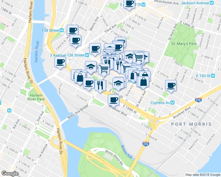 map of restaurants, bars, coffee shops, grocery stores, and more near 423 East 136th Street in Bronx