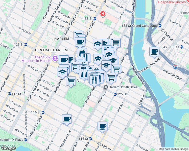 map of restaurants, bars, coffee shops, grocery stores, and more near 2 East 127th Street in New York