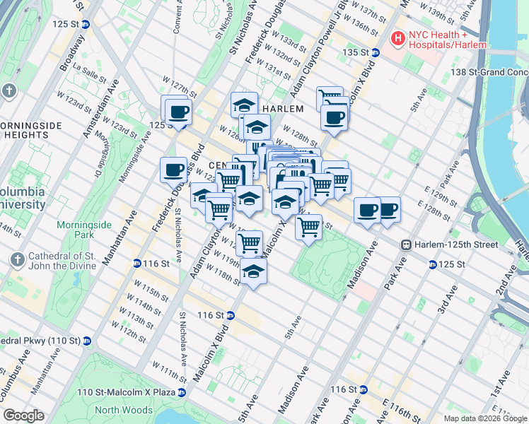 map of restaurants, bars, coffee shops, grocery stores, and more near 123 Adam Clayton Powell Junior Boulevard in New York