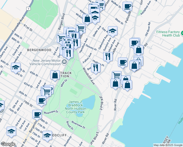 map of restaurants, bars, coffee shops, grocery stores, and more near 9023 Barr Place in North Bergen